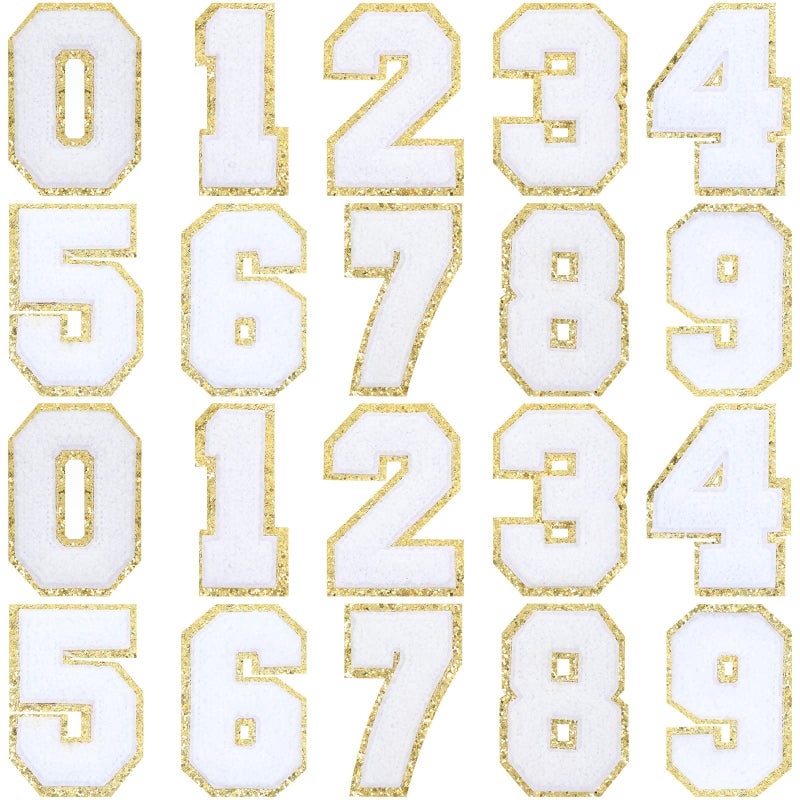 Juinte 20 Pcs 3.15 in Chenille Iron on Numbers Embroidery Patches with Glitter Sequins Sew 0-9 Applique for Team Uniform Sports T-Shirt Football Jeans Bags Decors(White)